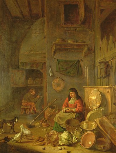 A Kitchen Interior with a Woman Peeling Potatoes beside a Dog, a Man Smoking in front of a Fire beyond by Hendrik Martensz Sorgh